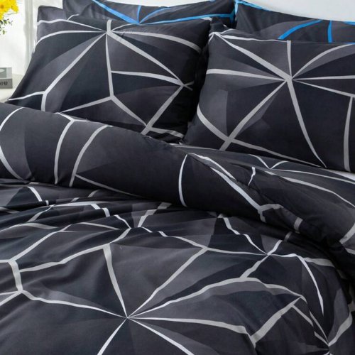 King Size 6 pieces, Black with Grey Geometric Design Duvet cover set. - BusDeals