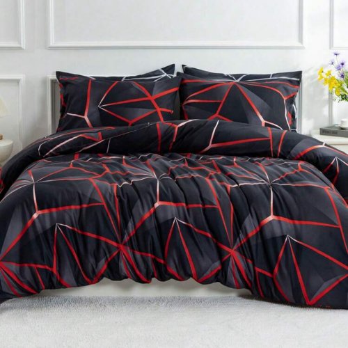 King Size 6 pieces, ﻿Black with Red Geometric Design Bedding set. - BusDeals