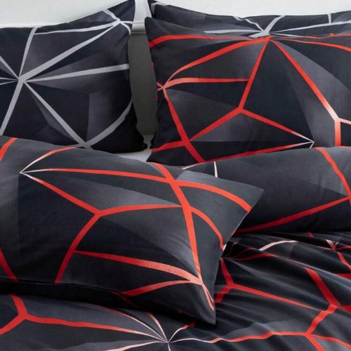 King Size 6 pieces, ﻿Black with Red Geometric Design Bedding set. - BusDeals