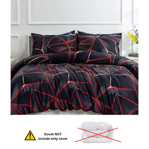 King Size 6 pieces, ﻿Black with Red Geometric Design Bedding set. - BusDeals