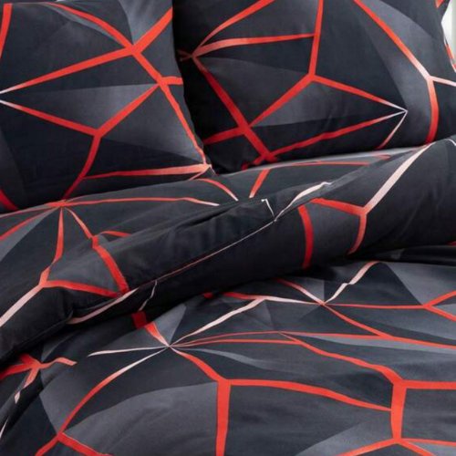 King Size 6 pieces, ﻿Black with Red Geometric Design Bedding set. - BusDeals