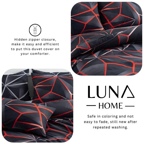 King Size 6 pieces, ﻿Black with Red Geometric Design Bedding set. - BusDeals