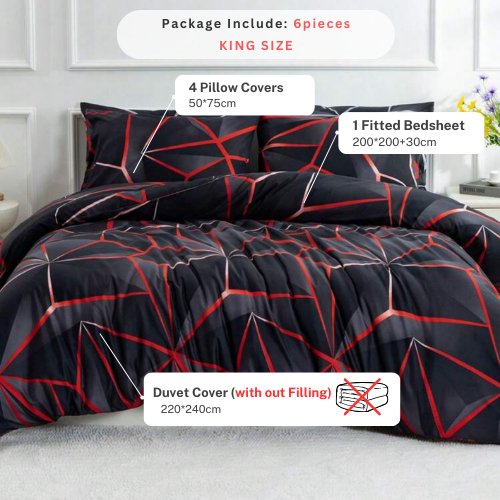 King Size 6 pieces, ﻿Black with Red Geometric Design Bedding set. - BusDeals