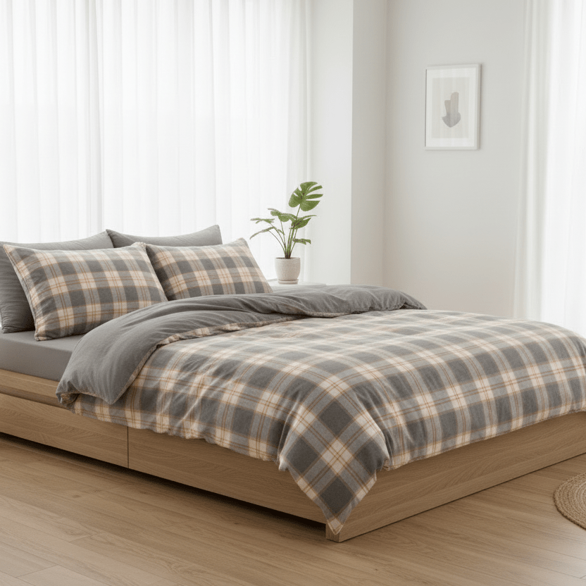 King Size 6 pieces complete bedding set, Brown Checkered Design. - BusDeals