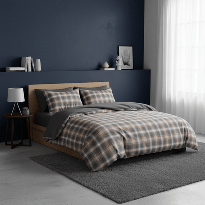 King Size 6 pieces complete bedding set, Brown Checkered Design. - BusDeals