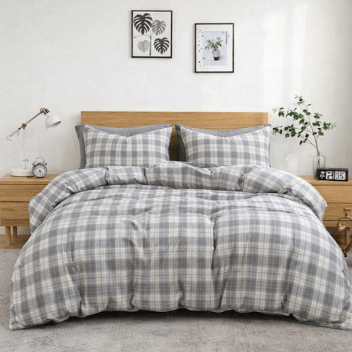 King Size 6 pieces complete bedding set, Grey Checkered Design. - BusDeals