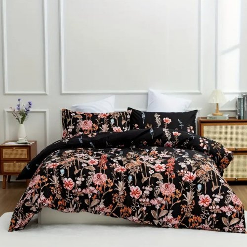 King Size 6 pieces, duvet cover set, black color floral design. - BusDeals