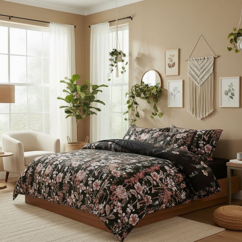 King Size 6 pieces, duvet cover set, black color floral design. - BusDeals