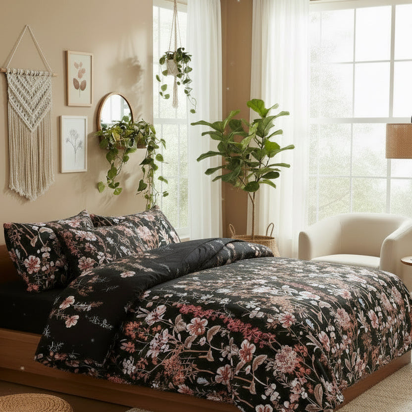 King Size 6 pieces, duvet cover set, black color floral design. - BusDeals