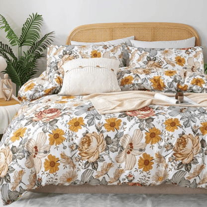 King size 6 pieces duvet cover set, brown floral pattern, boho style. - BusDeals