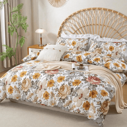 King size 6 pieces duvet cover set, brown floral pattern, boho style. - BusDeals
