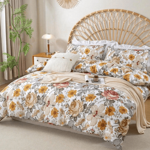 King size 6 pieces duvet cover set, brown floral pattern, boho style. - BusDeals