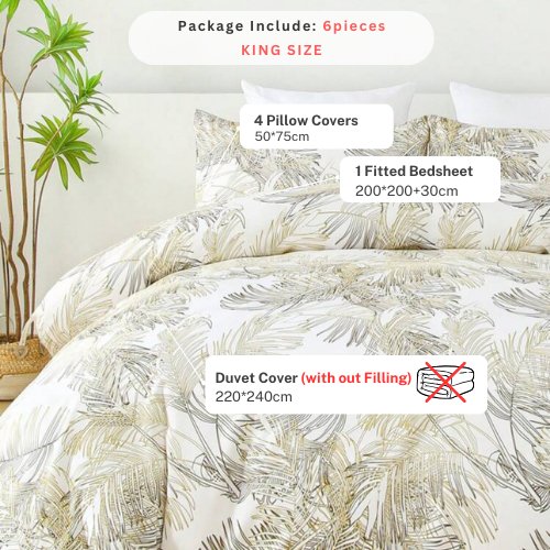 King Size 6 pieces, duvet cover set, golden leaf design. - BusDeals