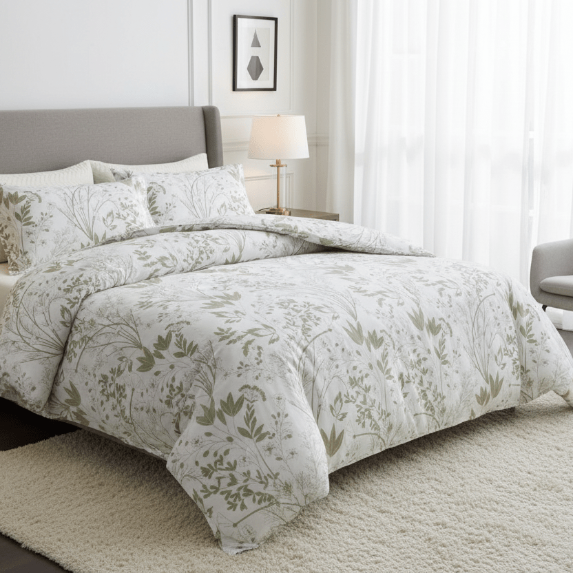 King Size 6 pieces, duvet cover set, green plant leaf design. - BusDeals