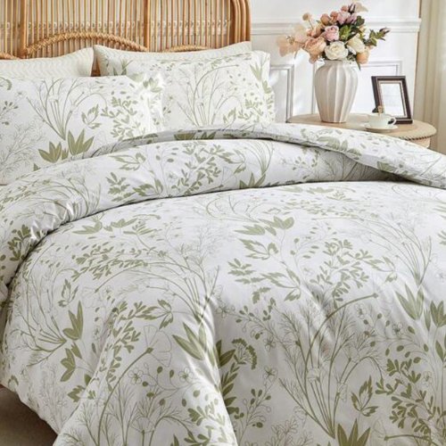 King Size 6 pieces, duvet cover set, green plant leaf design. - BusDeals