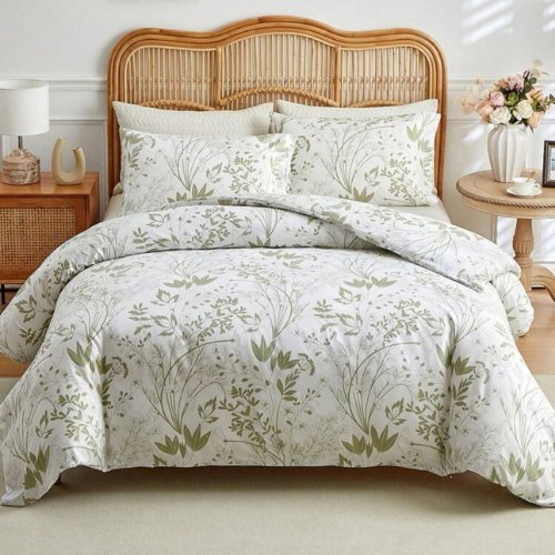 King Size 6 pieces, duvet cover set, green plant leaf design. - BusDeals