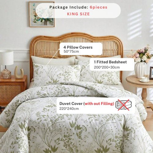 King Size 6 pieces, duvet cover set, green plant leaf design. - BusDeals