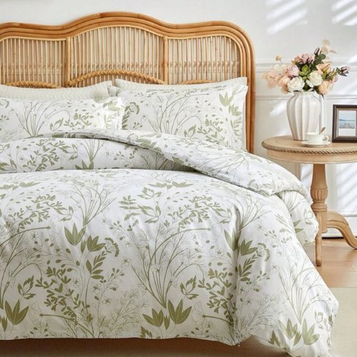 King Size 6 pieces, duvet cover set, green plant leaf design. - BusDeals