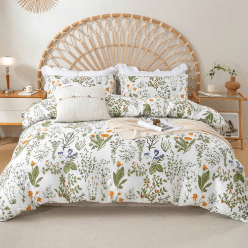King size 6 pieces duvet cover set, plant pattern with yellow floral design. - BusDeals