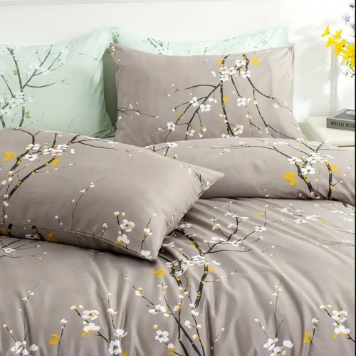 King Size 6 pieces, duvet cover set, plum blossom branch flower design. - BusDeals