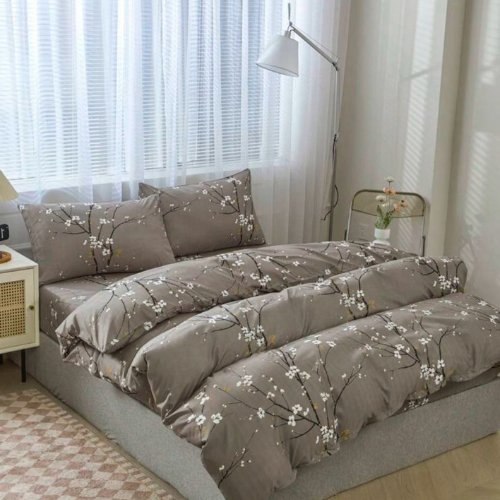 King Size 6 pieces, duvet cover set, plum blossom branch flower design. - BusDeals