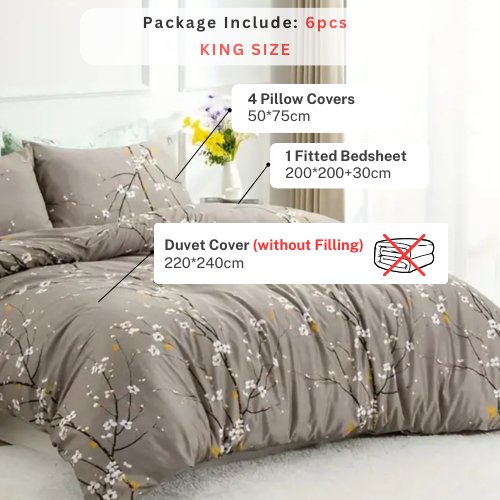 King Size 6 pieces, duvet cover set, plum blossom branch flower design. - BusDeals