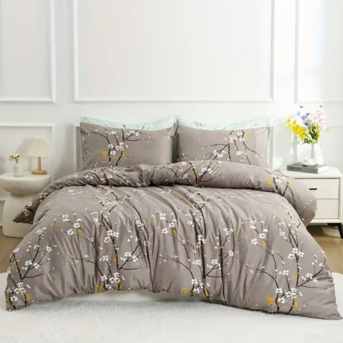 King Size 6 pieces, duvet cover set, plum blossom branch flower design. - BusDeals