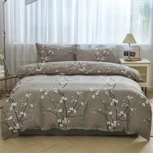 King Size 6 pieces, duvet cover set, plum blossom branch flower design. - BusDeals