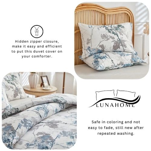 King size, 6 pieces, duvet cover set, tree with blue and grey leaves. - BusDeals