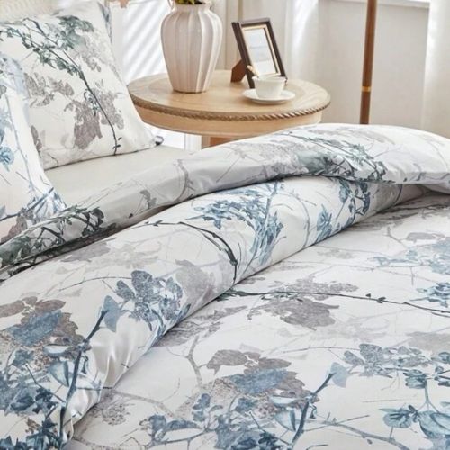 King size, 6 pieces, duvet cover set, tree with blue and grey leaves. - BusDeals