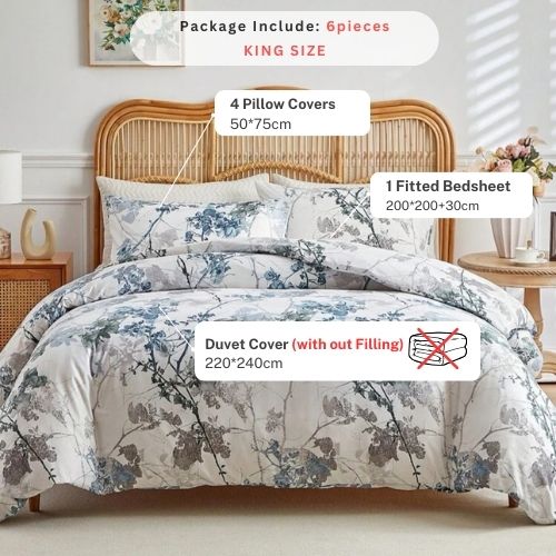 King size, 6 pieces, duvet cover set, tree with blue and grey leaves. - BusDeals