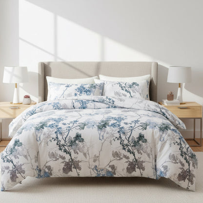 King size, 6 pieces, duvet cover set, tree with blue and grey leaves. - BusDeals