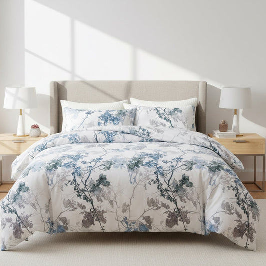 King size, 6 pieces, duvet cover set, tree with blue and grey leaves. - BusDeals