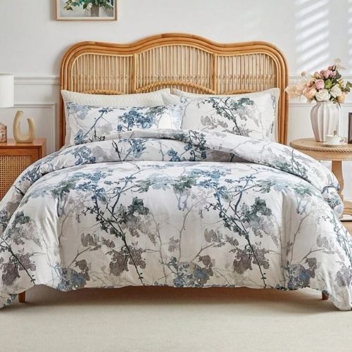 King size, 6 pieces, duvet cover set, tree with blue and grey leaves. - BusDeals