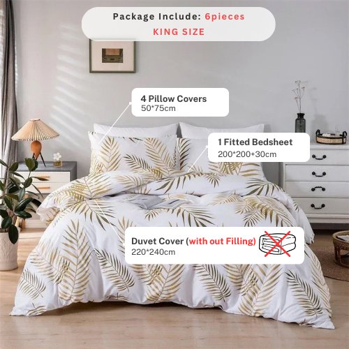 King Size 6 pieces, duvet cover set, tropical leaves design. - BusDeals