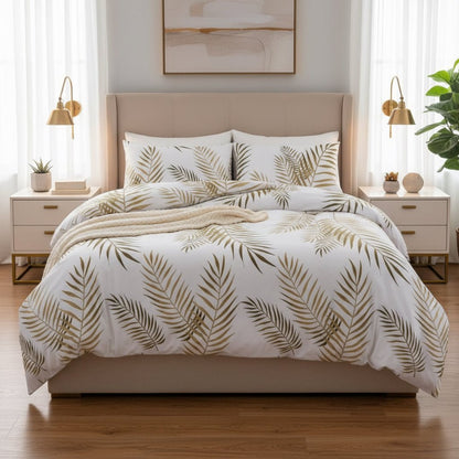 King Size 6 pieces, duvet cover set, white with gold leaves pattern. - BusDeals
