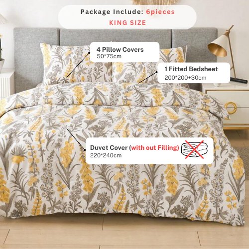 King Size 6 pieces, duvet cover set, yellow flowers design. - BusDeals