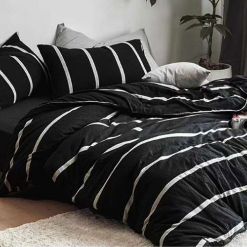 King Size 6 pieces non-reversible bedding set, black and white stripe design with black bedsheet - BusDeals