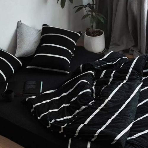 King Size 6 pieces non-reversible bedding set, black and white stripe design with black bedsheet - BusDeals