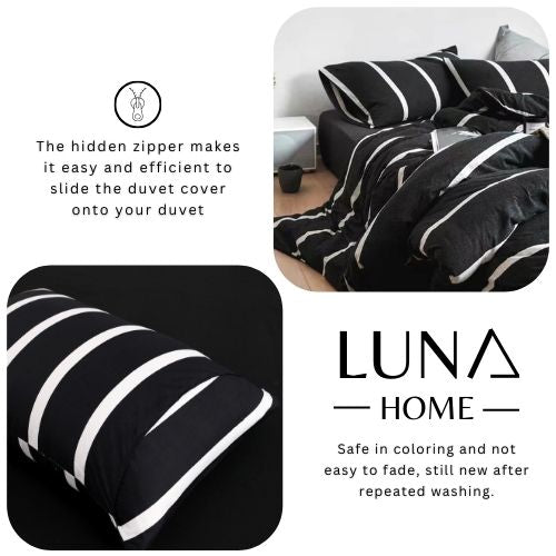 King Size 6 pieces non-reversible bedding set, black and white stripe design with black bedsheet - BusDeals