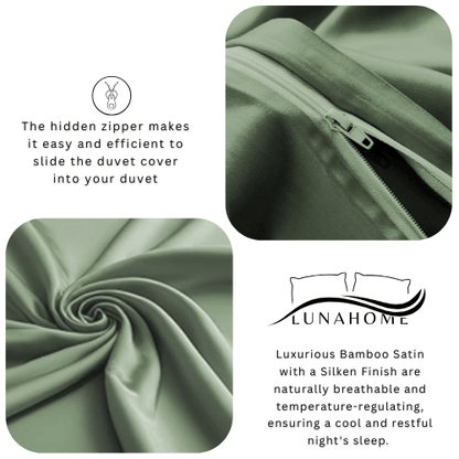 King Size 6 Pieces Premium Bamboo Satin Silky Duvet Cover set, Green color. - BusDeals