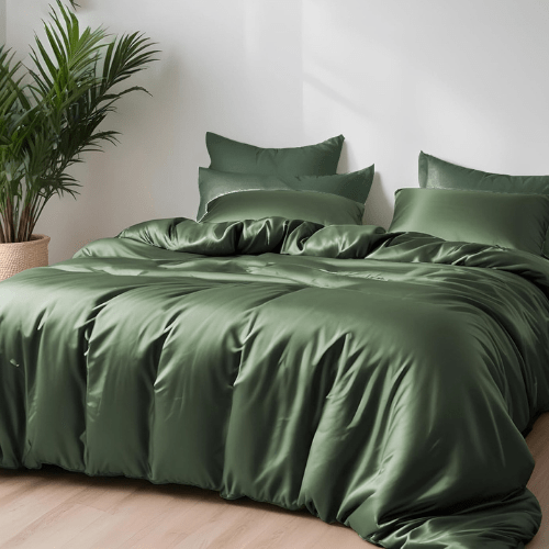 King Size 6 Pieces Premium Bamboo Satin Silky Duvet Cover set, Green color. - BusDeals