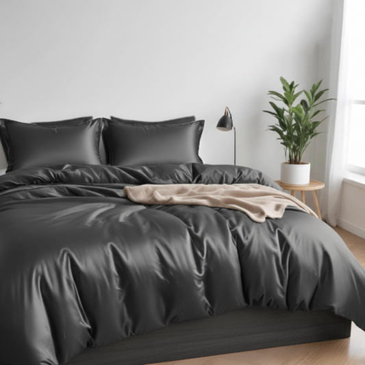 King Size 6 Pieces Premium Bamboo Satin Silky Duvet Cover set, Grey color. - BusDeals