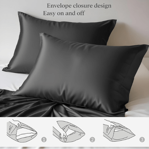King Size 6 Pieces Premium Bamboo Satin Silky Duvet Cover set, Grey color. - BusDeals