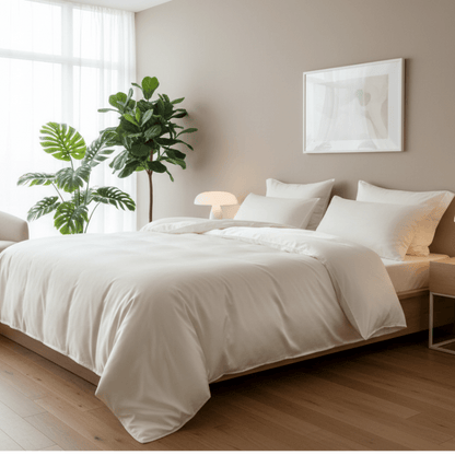 King Size 6 Pieces Premium Bamboo Satin Silky Duvet Cover set, Ivory color. - BusDeals