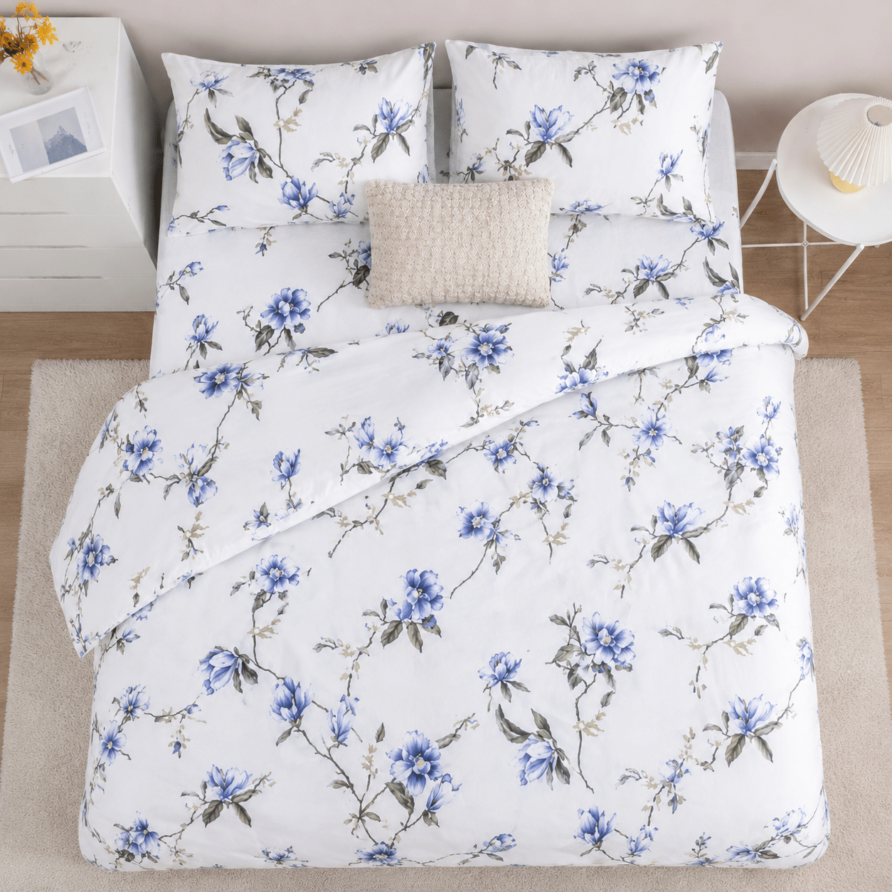 King Size 6 pieces, Spring Flower Design Cobalt Color, duvet cover set. - BusDeals