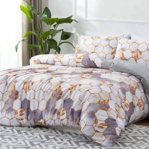 King Size 6 pieces, ﻿White with Purple Marble Design Bedding set. - BusDeals