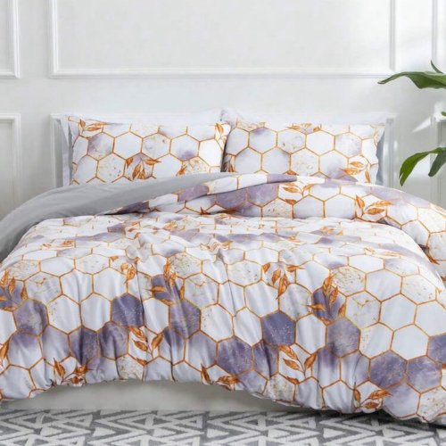 King Size 6 pieces, ﻿White with Purple Marble Design Bedding set. - BusDeals