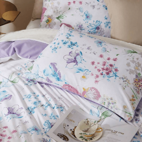 King size bedding set featuring a beautiful floral design in purple and pink, consisting of six pieces. - BusDeals