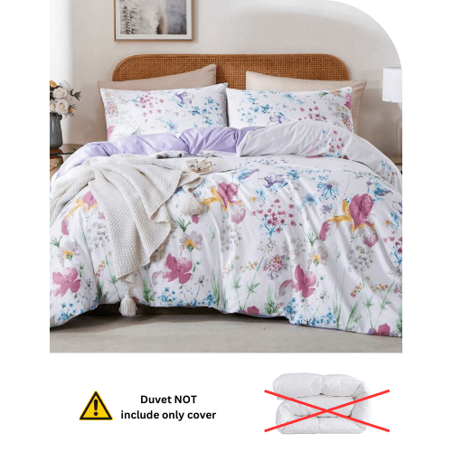 King size bedding set featuring a beautiful floral design in purple and pink, consisting of six pieces. - BusDeals